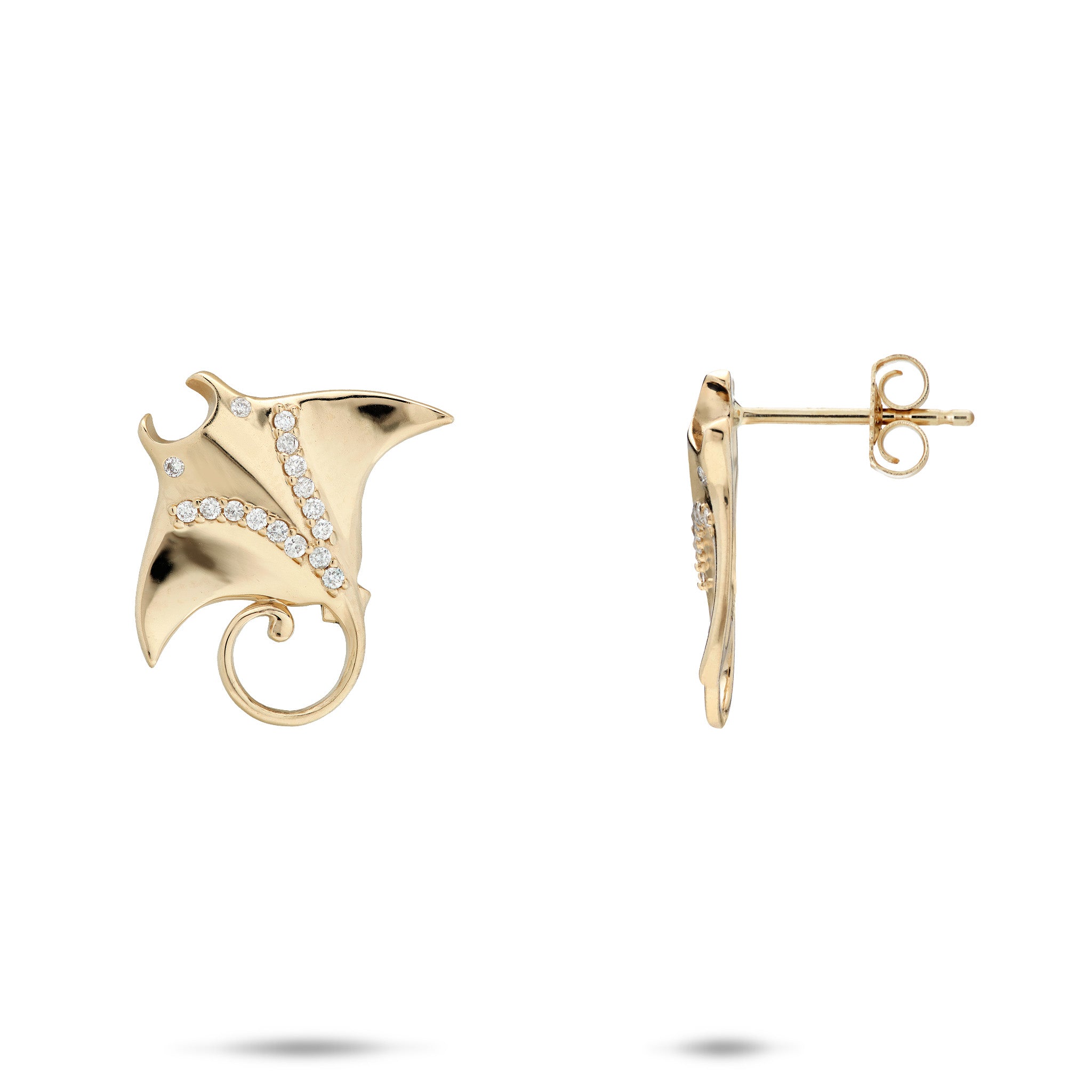 Pair of 14k Yellow Gold Manta Ray Stud Earrings with diamonds along its back and eyes and a high-polish finish