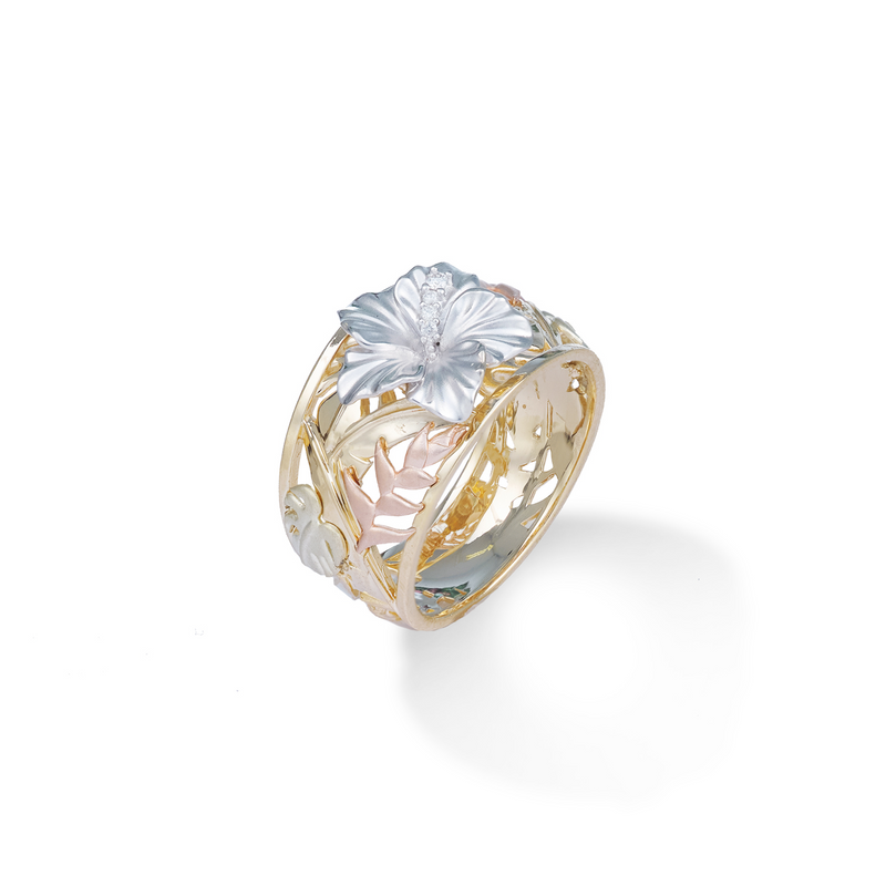 Hawaiian Gardens Hibiscus Ring in Multi Color Gold with Diamonds - 12mm - Maui Divers Jewelry