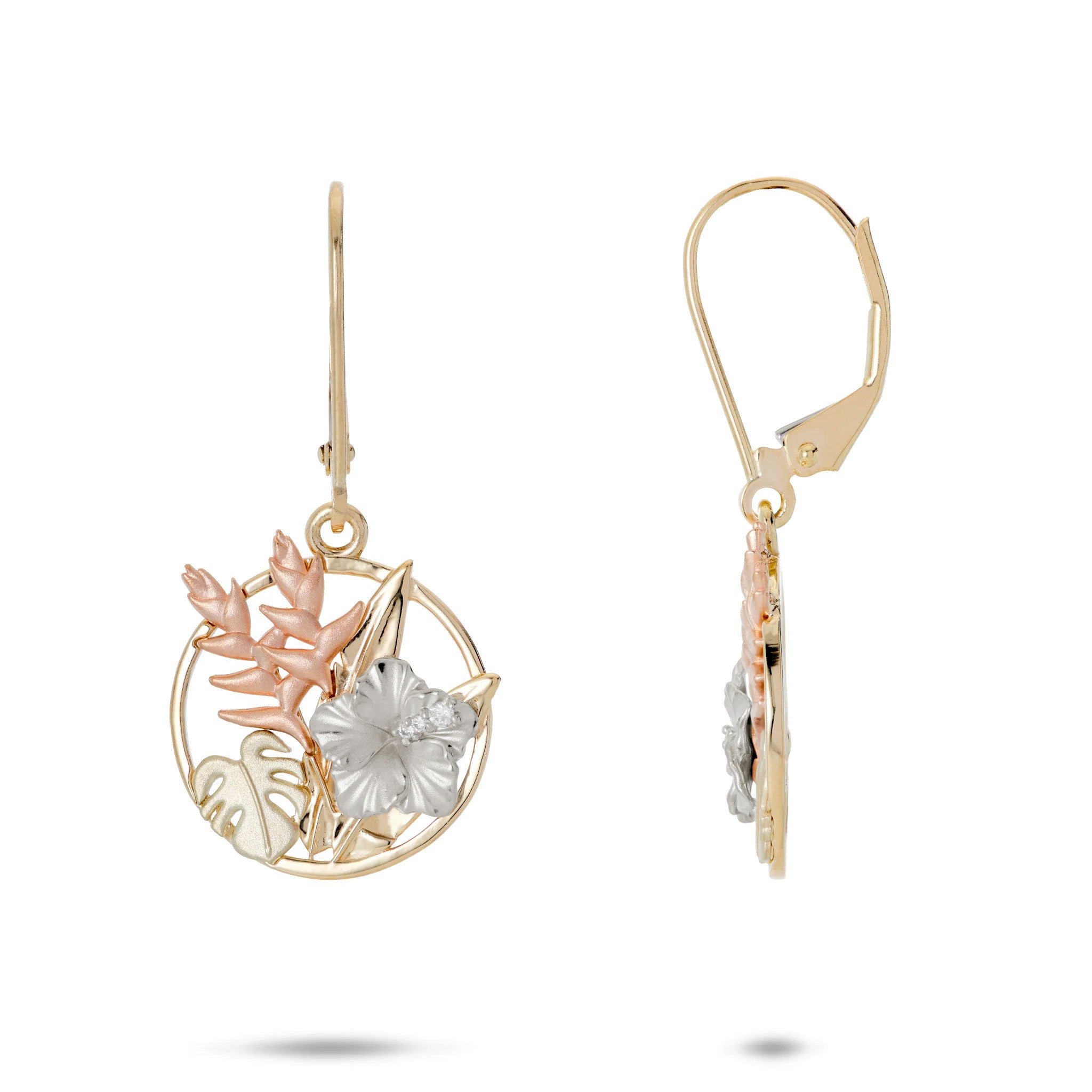 Pair of Hawaiian Gardens Leverback Earrings with a round high-polish frame in 14k yellow gold, diamond white gold hibiscus, rose gold heliconia, and green gold monstera on a white background