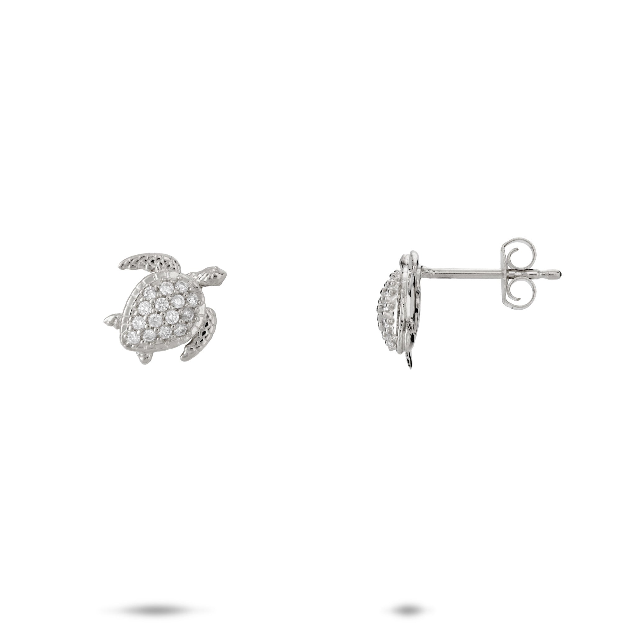 10mm Honu Earrings in White Gold with Diamonds on a white background