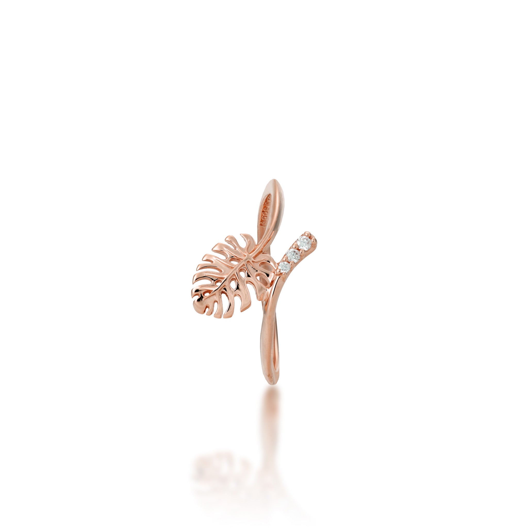 Top view of the 9mm Monstera Ring in 14k Rose Gold with Diamonds on a white background