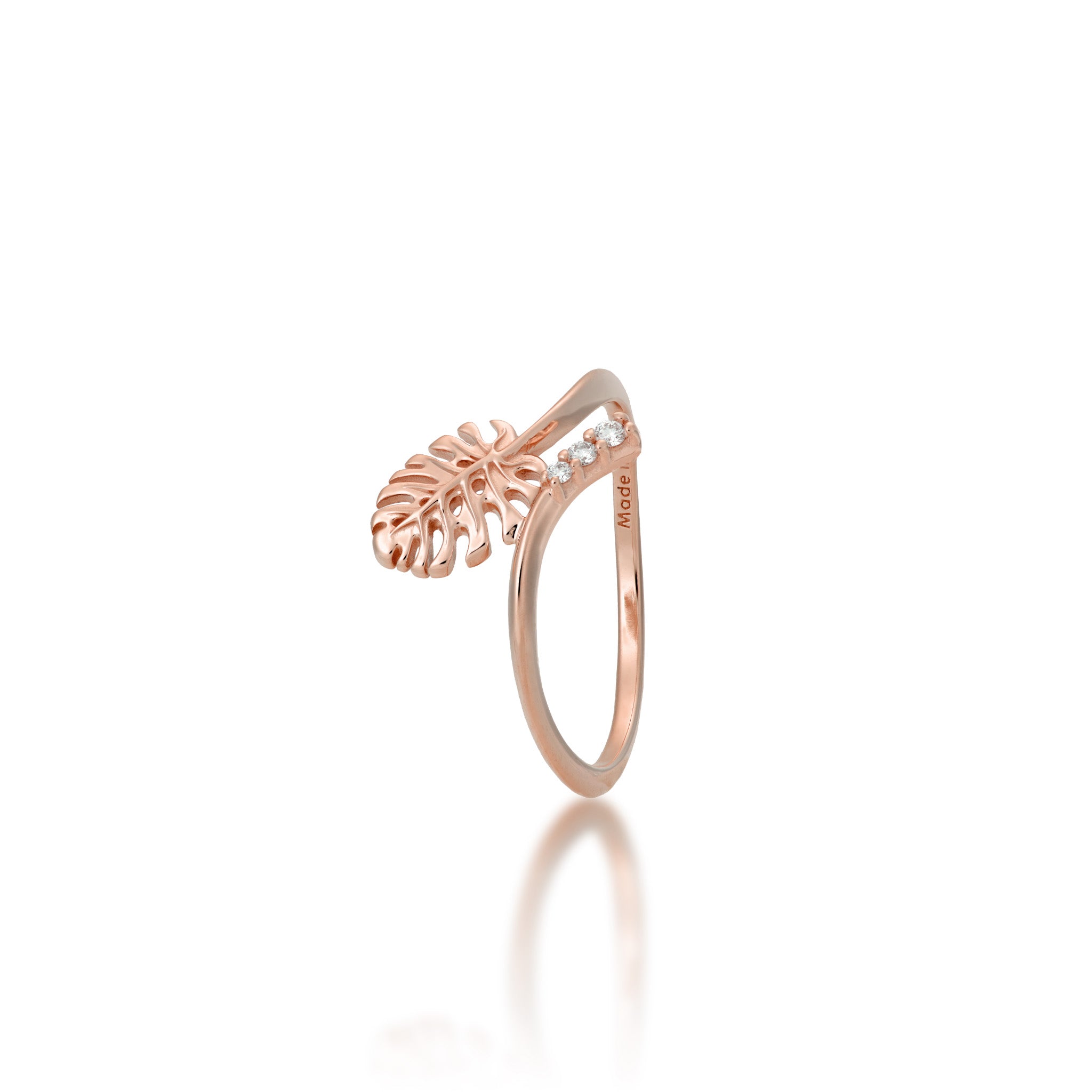 9mm Monstera Ring in 14k Rose Gold with Diamonds on a white background