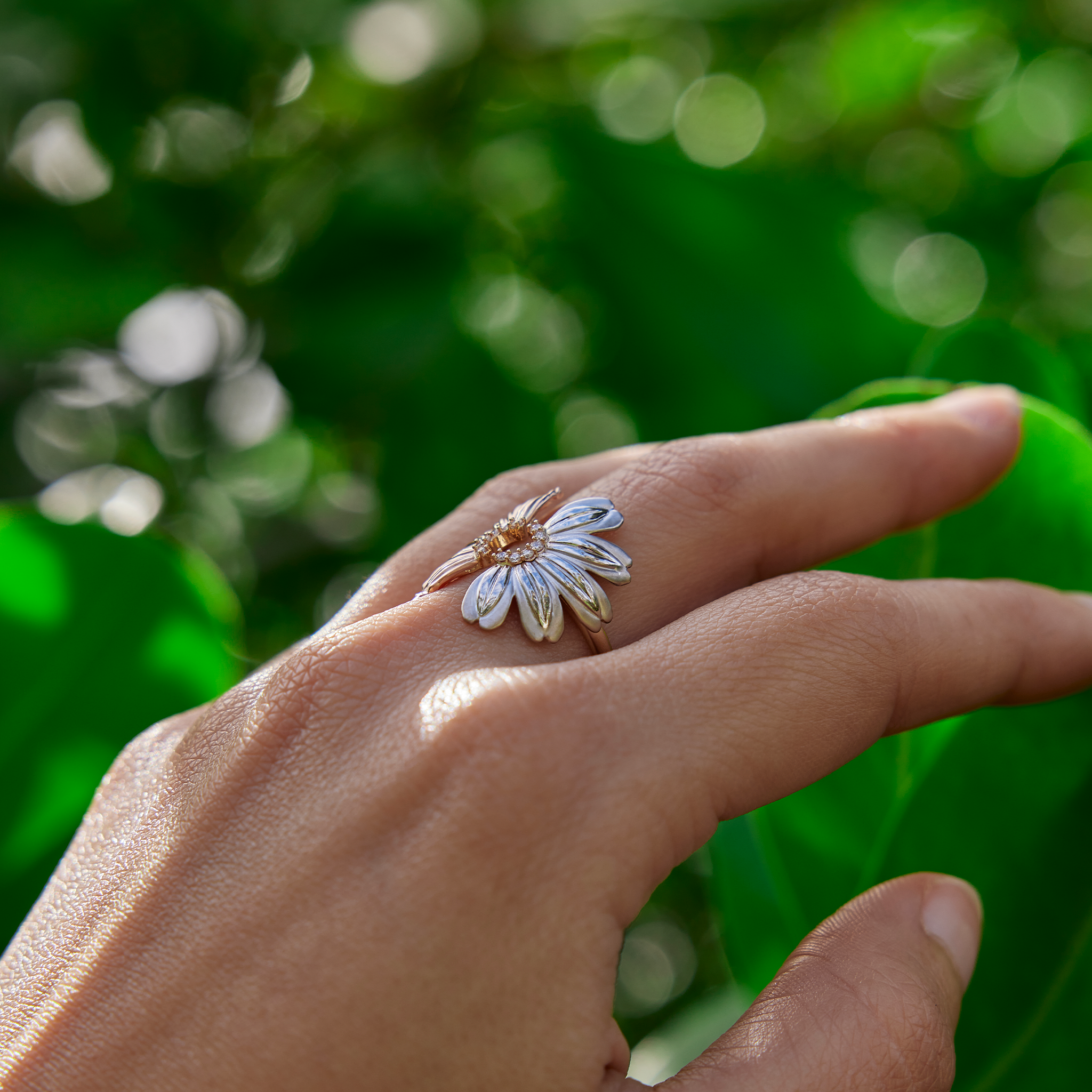 Beach & Mountain Naupaka Ring in Tri Color Gold with Diamonds