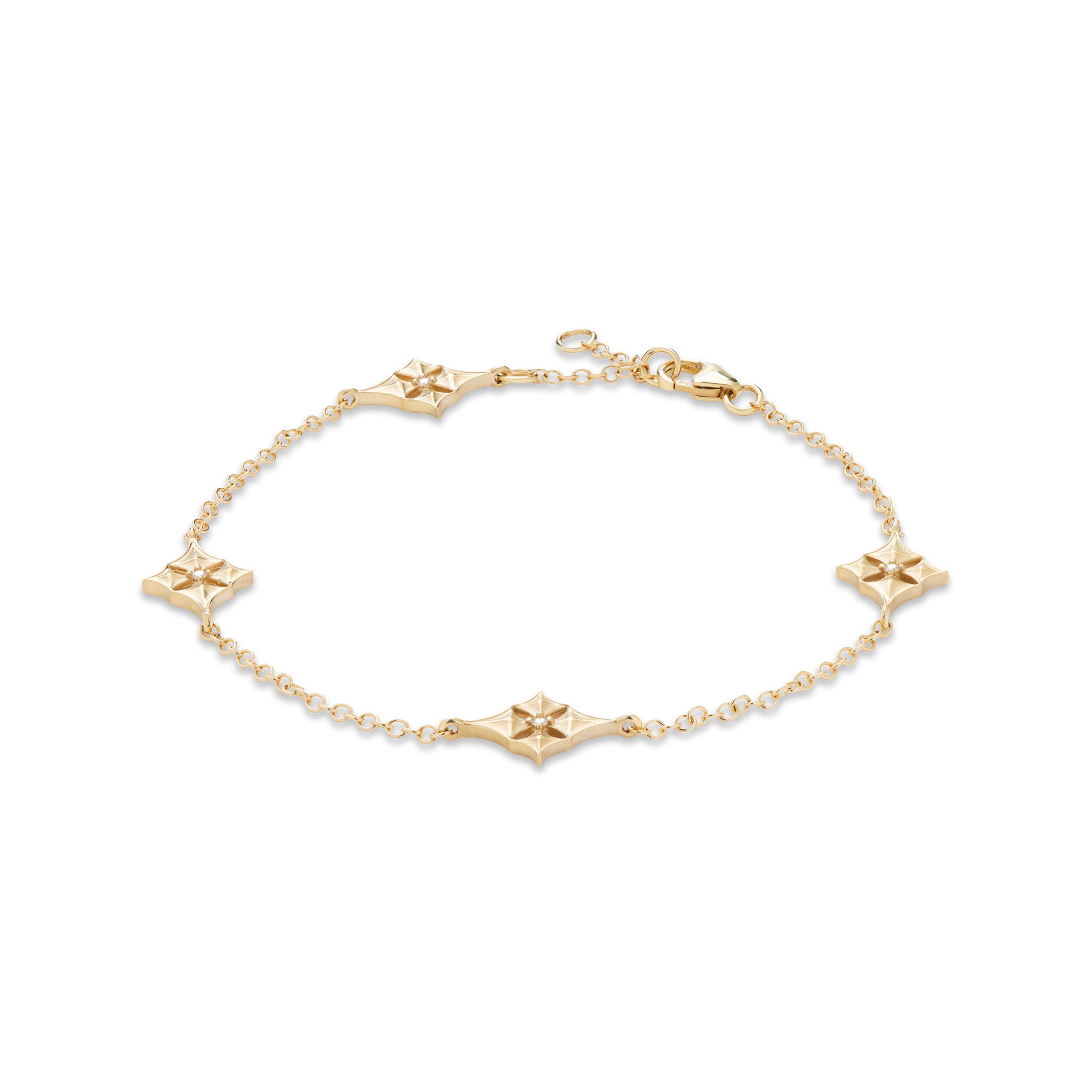 Side view of the 7-8" Adjustable Hawaiian Quilted Star Bracelet in 14k. Yellow Gold with Diamonds.