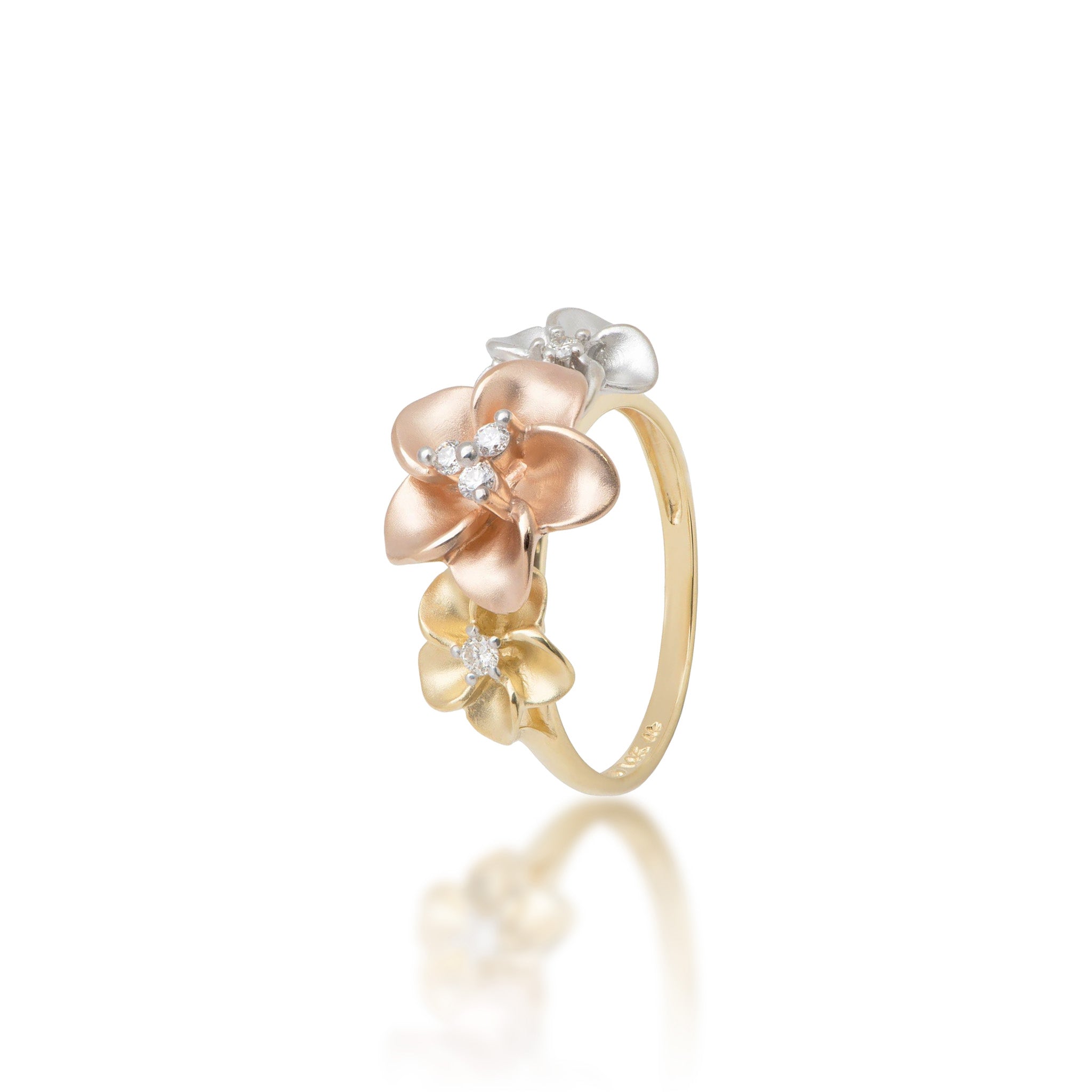 Plumeria Ring in Tri Color Gold with Diamonds - 12mm