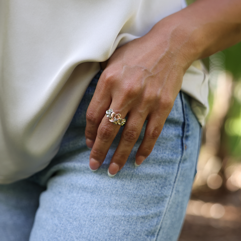 Plumeria Ring in Tri Color Gold with Diamonds - 12mm