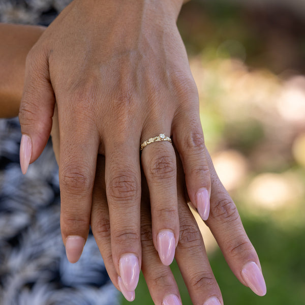 Close up of Model wearing Living Heirloom Ring with Diamond 3mm on Ring Finger