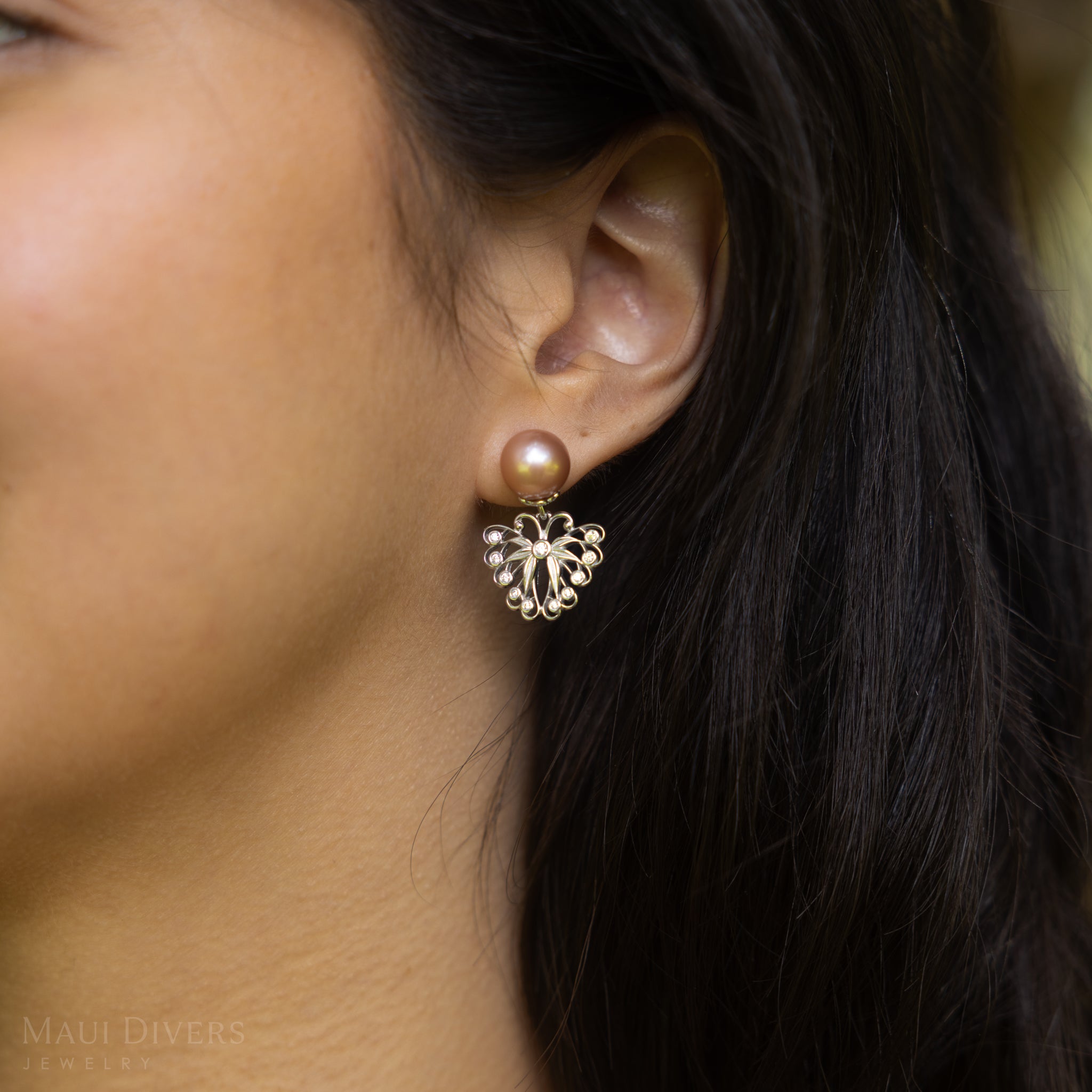 Pulelehua (Butterfly) Freshwater Pearl Earrings in Sterling Silver with Cubic Zirconia - 9-10mm