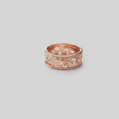 Video showcasing the 8mm Hawaiian Heirloom Plumeria Ring in Rose Gold with Diamonds