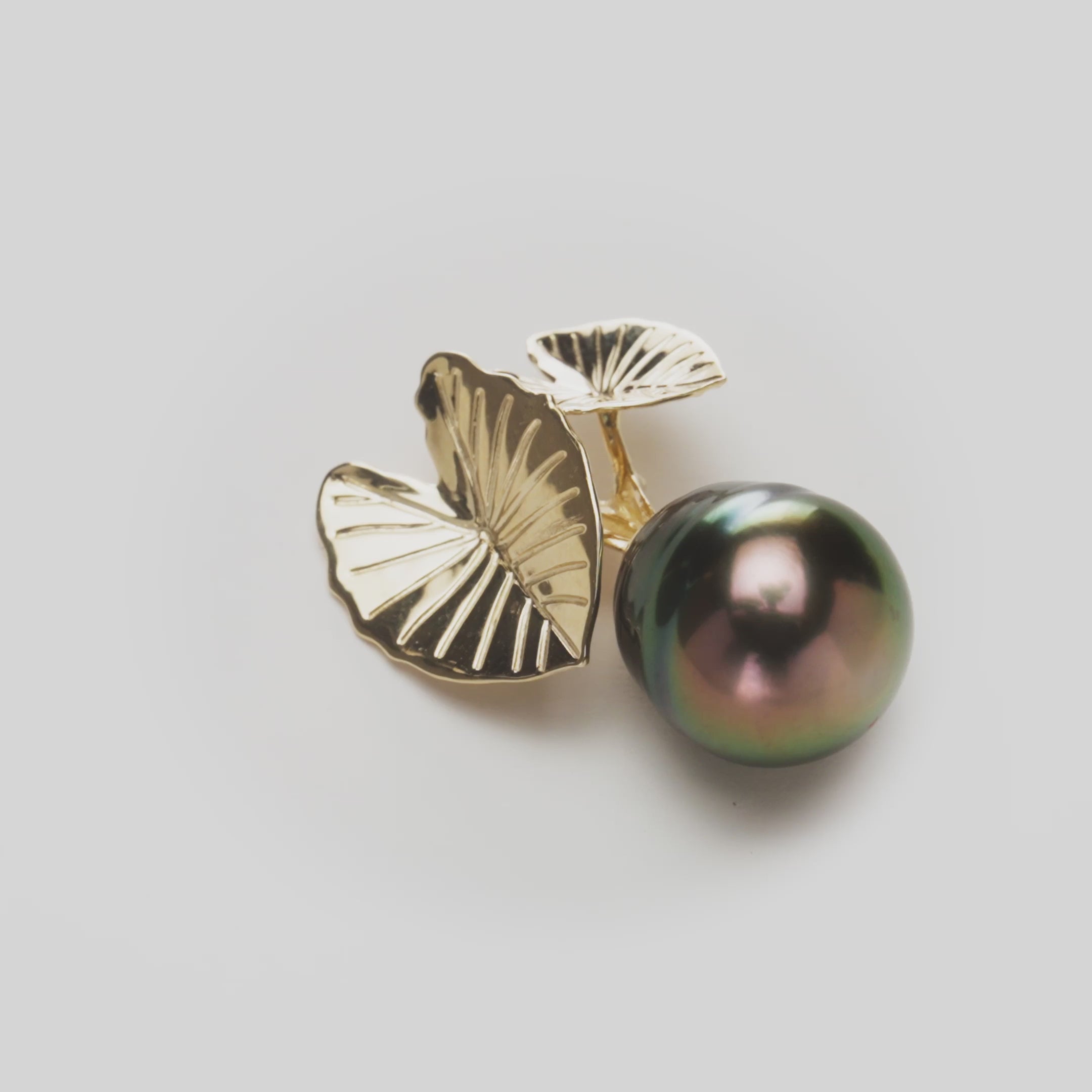 Kalo 12-15mm Circle Tahitian Black Pearl Pendant in Gold on a white turntable