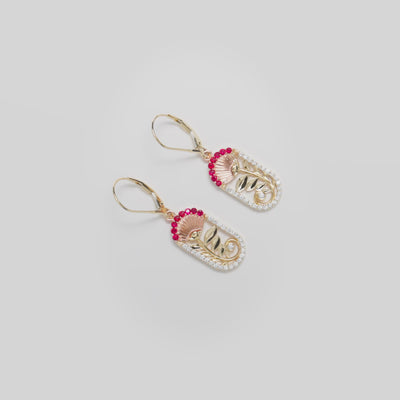 Video showcasing the ʻŌhiʻa Lehua Ruby Leverback Earrings in 14k Rose and Yellow Gold with Diamonds