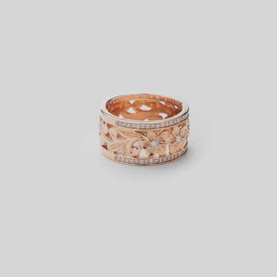 Video showcasing the 10mm Hawaiian Heirloom Plumeria Ring in Rose Gold with Diamonds