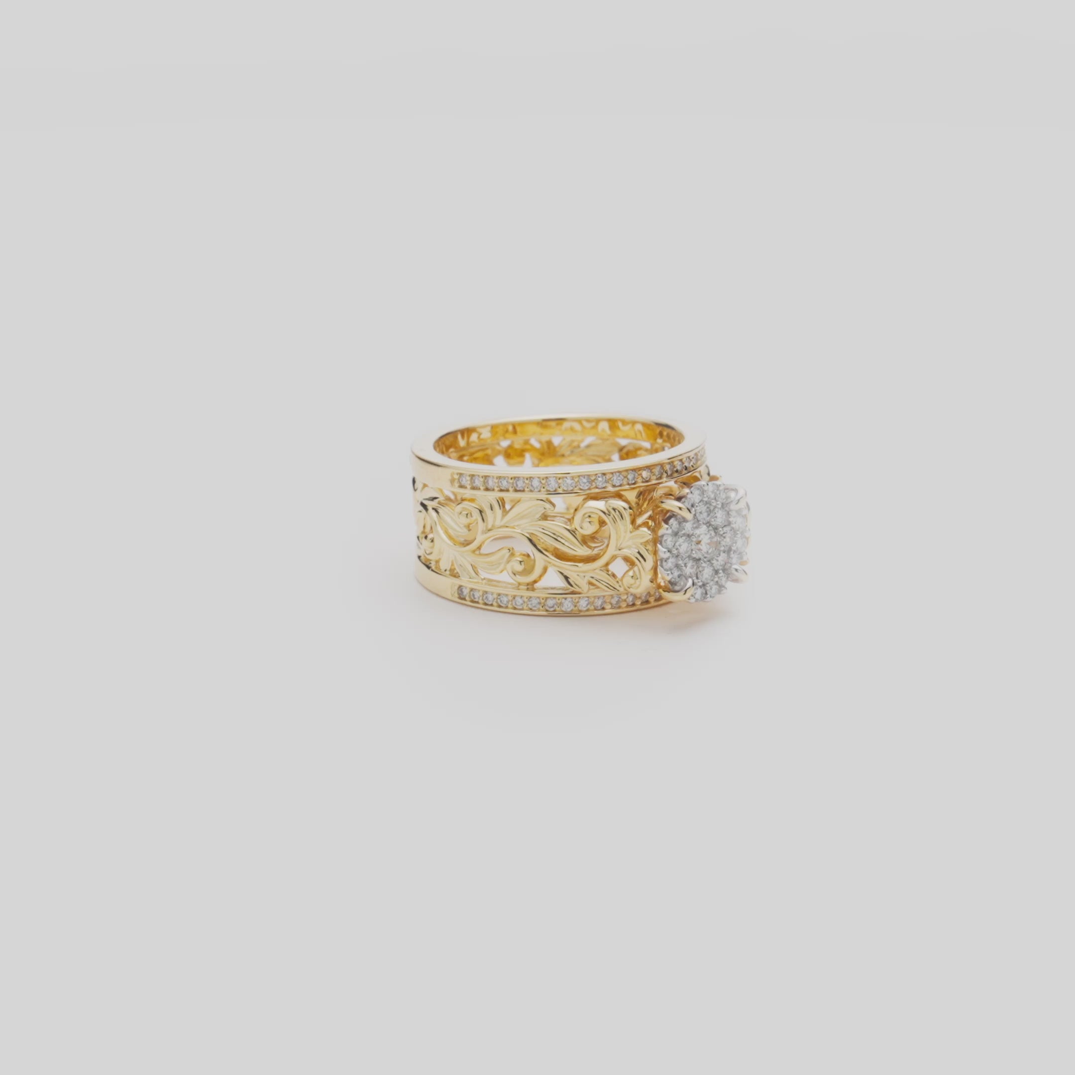 Video of the 10mm Living Heirloom Engagement Ring in Gold with Diamonds turning on a white background