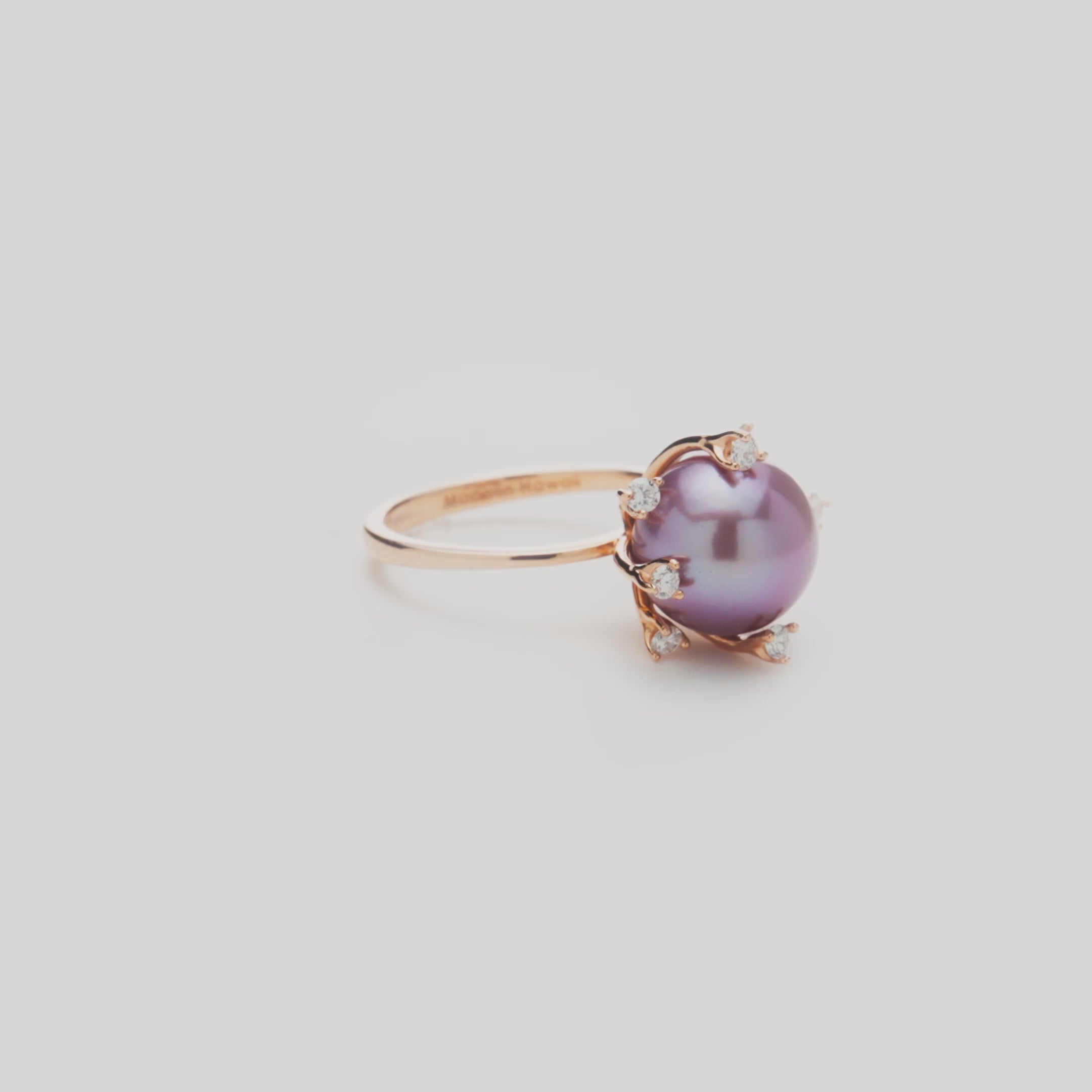 Protea 10-11mm Lilac Freshwater Pearl Ring in Rose Gold with Diamonds on a white turntable