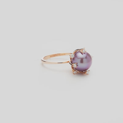 Protea 10-11mm Lilac Freshwater Pearl Ring in Rose Gold with Diamonds on a white turntable