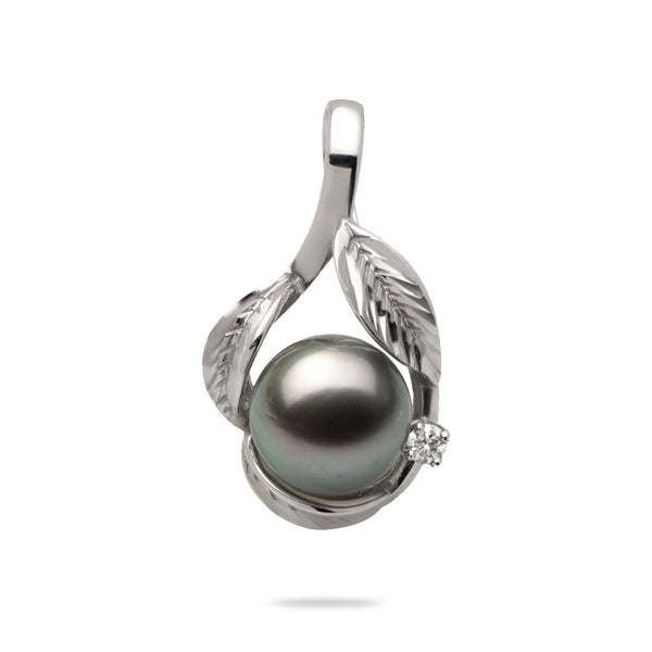 Tahitian Black Pearl Maile Pendant with Diamond in 14K White Gold-Maui Divers Jewelry