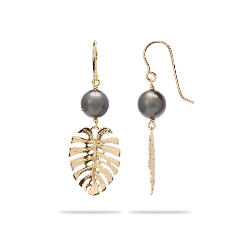 Monstera Tahitian Black Pearl Earrings in Gold - 23mm - Maui Divers Jewelry