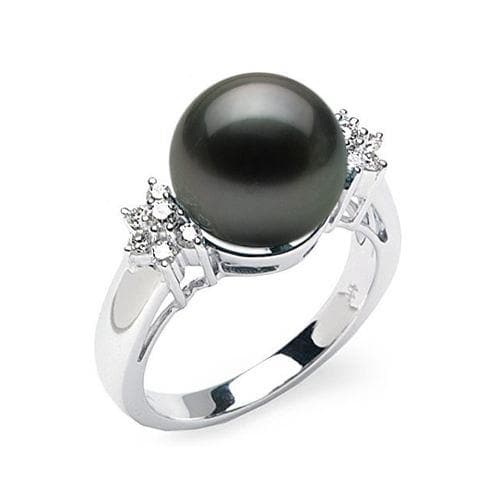 Tahitian Black Pearl Ring with Diamonds in 14K White Gold (11-12mm)-Maui Divers Jewelry