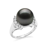 Tahitian Black Pearl Ring with Diamonds in 14K White Gold (12-13mm)-Maui Divers Jewelry