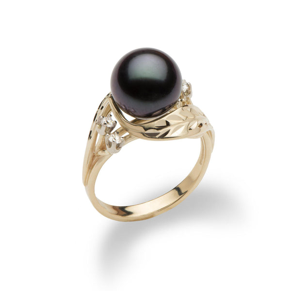 Tahitian Black Pearl Ring with Diamonds in Gold 9-10mm - Maui Divers Jewelry
