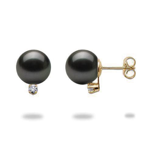 Tahitian Black Pearl Earrings with Diamonds in Gold (9-10mm)-Maui Divers Jewelry