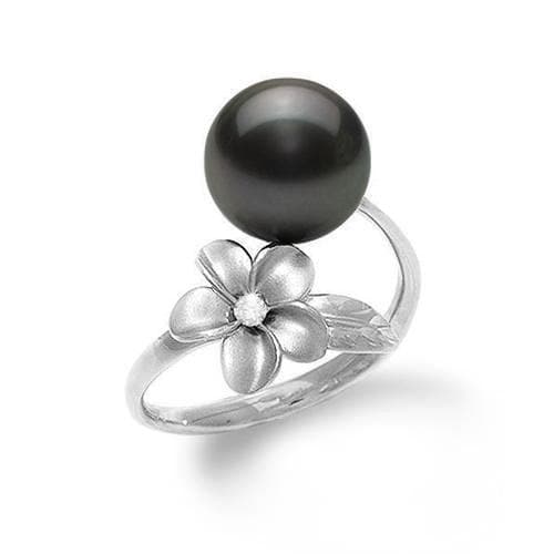 Plumeria Tahitian Black Pearl Ring in White Gold with Diamond - 10-11mm - Maui Divers Jewelry