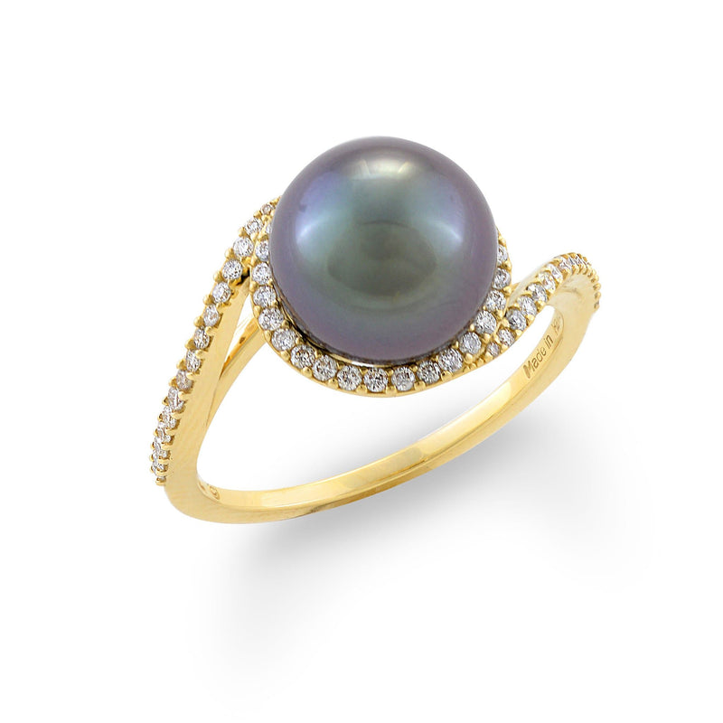 Halo Bypass Tahitian Black Pearl Ring with Diamonds in Gold (9-10mm)-Maui Divers Jewelry