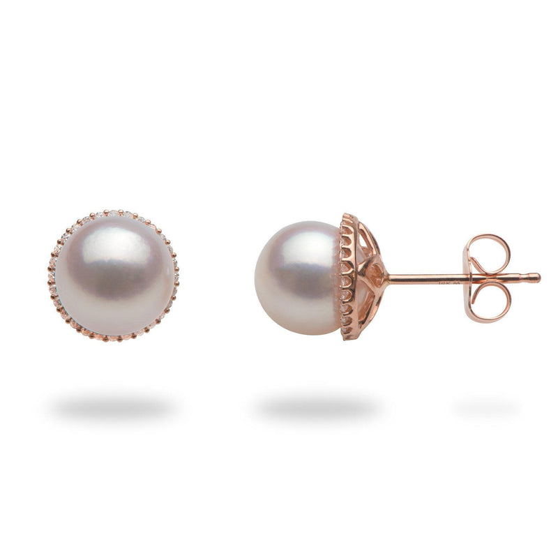 Akoya Pearl (8mm) Earrings with Diamonds in Rose Gold-Maui Divers Jewelry