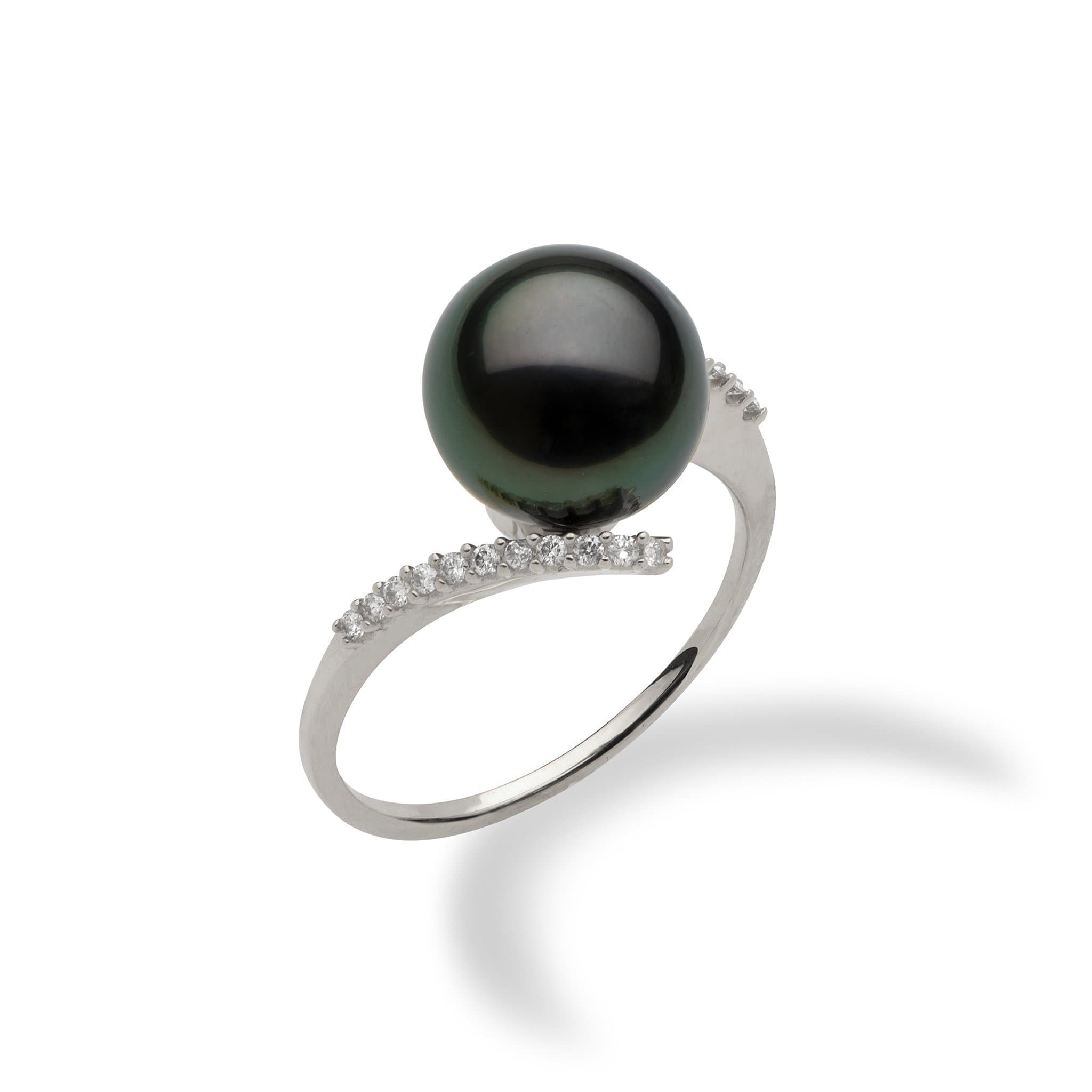 Tahitian Black Pearl Ring in White Gold with Diamonds (10-11mm)-Maui Divers Jewelry