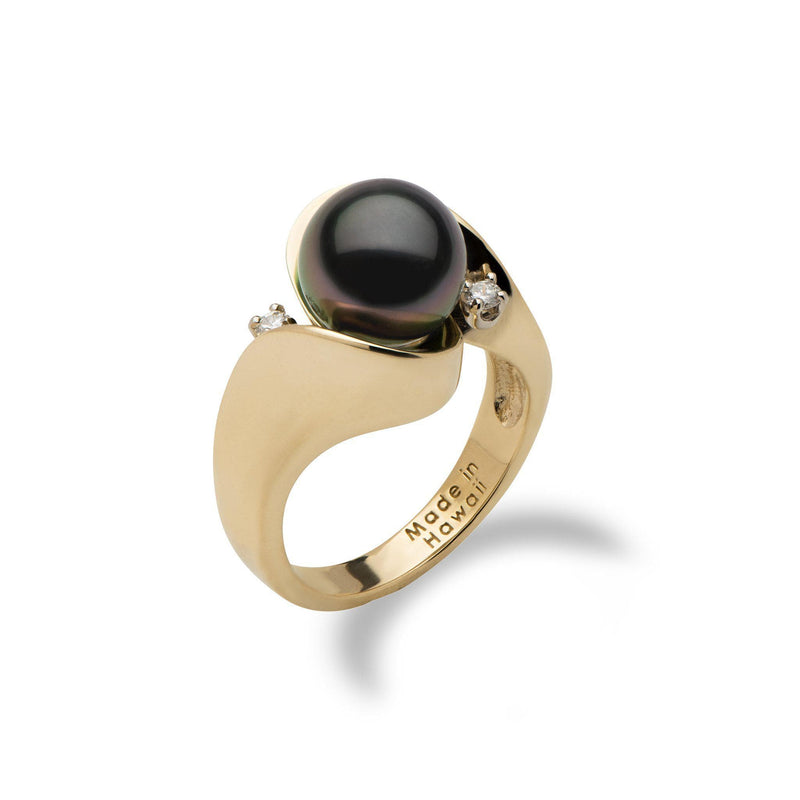 Tahitian Black Pearl Ring with Diamonds in Gold (9-10mm)-Maui Divers Jewelry