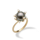 Protea Tahitian Black Pearl Ring in Gold with Diamonds (10-11mm)-Maui Divers Jewelry