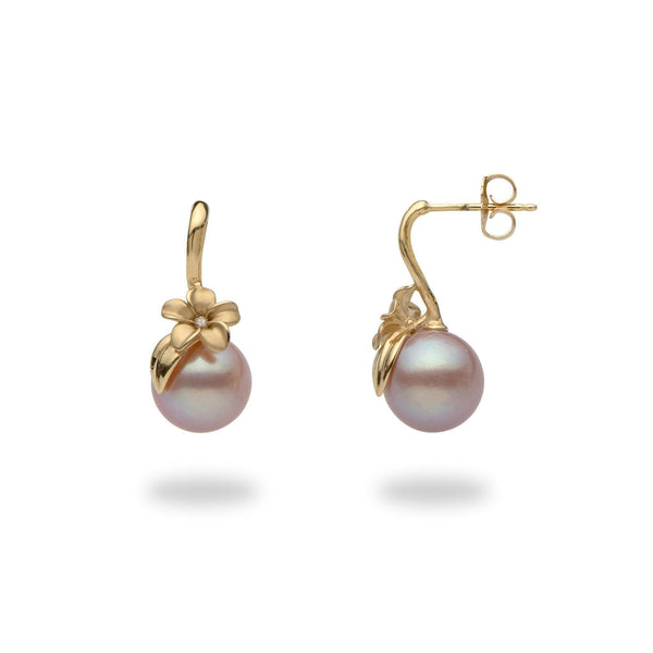 Plumeria Lavender Freshwater Pearl Earrings in Gold with Diamonds-Maui Divers Jewelry