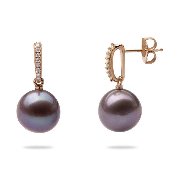 Ultra Violet Pearl Earrings with Diamonds in Rose Gold (11-12mm)-Maui Divers Jewelry