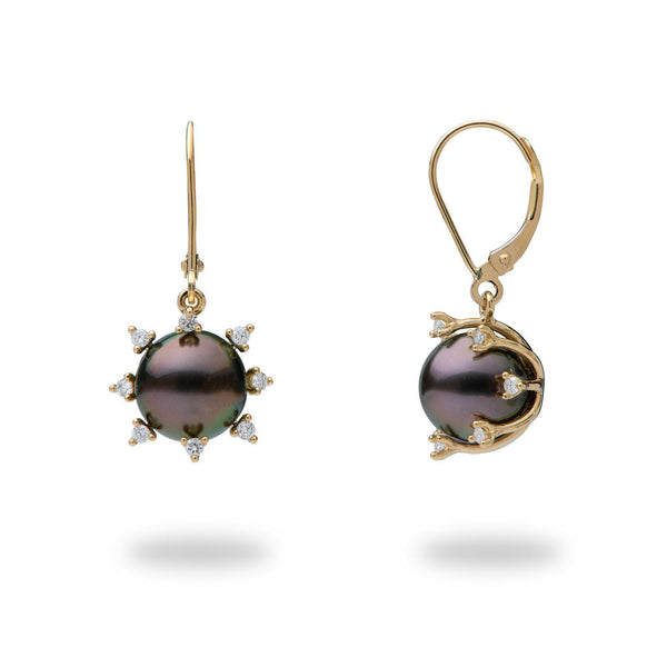 Protea Tahitian Black Pearl Earrings in Gold with Diamonds (9-10mm)-Maui Divers Jewelry