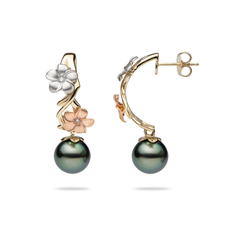Pearls in Bloom Plumeria Tahitian Black Pearl Earrings in Tri Color Gold with Diamonds - 23mm - Maui Divers Jewelry