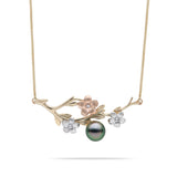 16-18" Adjustable Pearls in Bloom Plumeria Tahitian Black Pearl Necklace in Tri Color Gold with Diamonds - 48mm