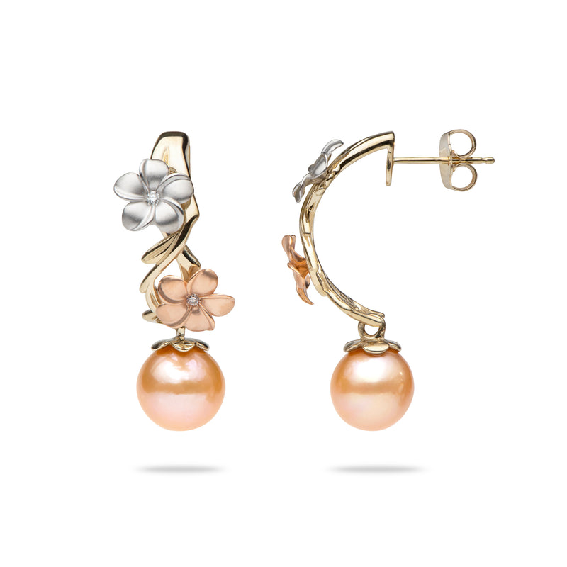 Pearls in Bloom Plumeria Peach Freshwater Pearl Earrings in Tri Color Gold with Diamonds- 23mm - Maui Divers Jewelry