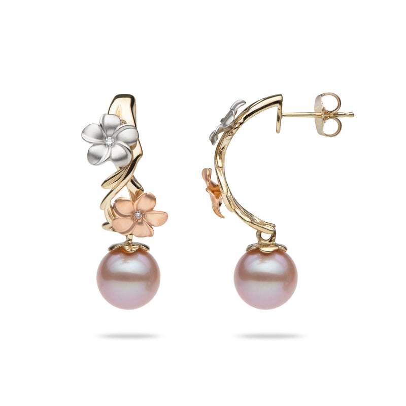 Pearls in Bloom Plumeria Lavender Freshwater Pearl Earrings in Tri Color Gold with Diamonds -23mm