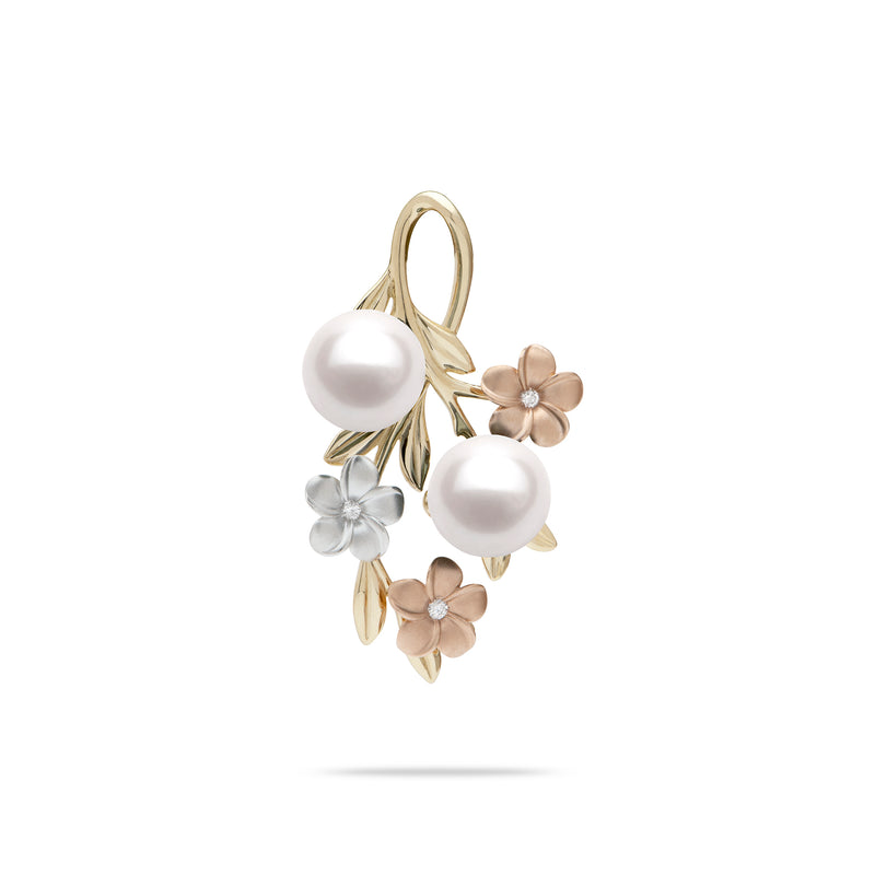 Pearls in Bloom Plumeria Akoya Pearl Pendant in Tri Color Gold with Diamonds - 36mm