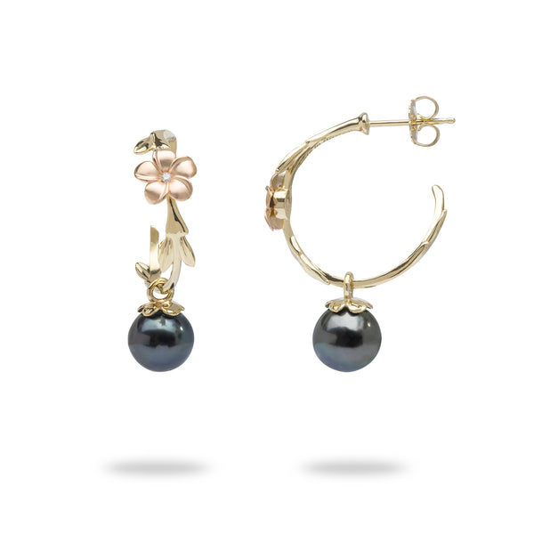 Pearls in Bloom Plumeria Tahitian Black Pearl Earrings in Two Tone Gold with Diamonds - 22mm
