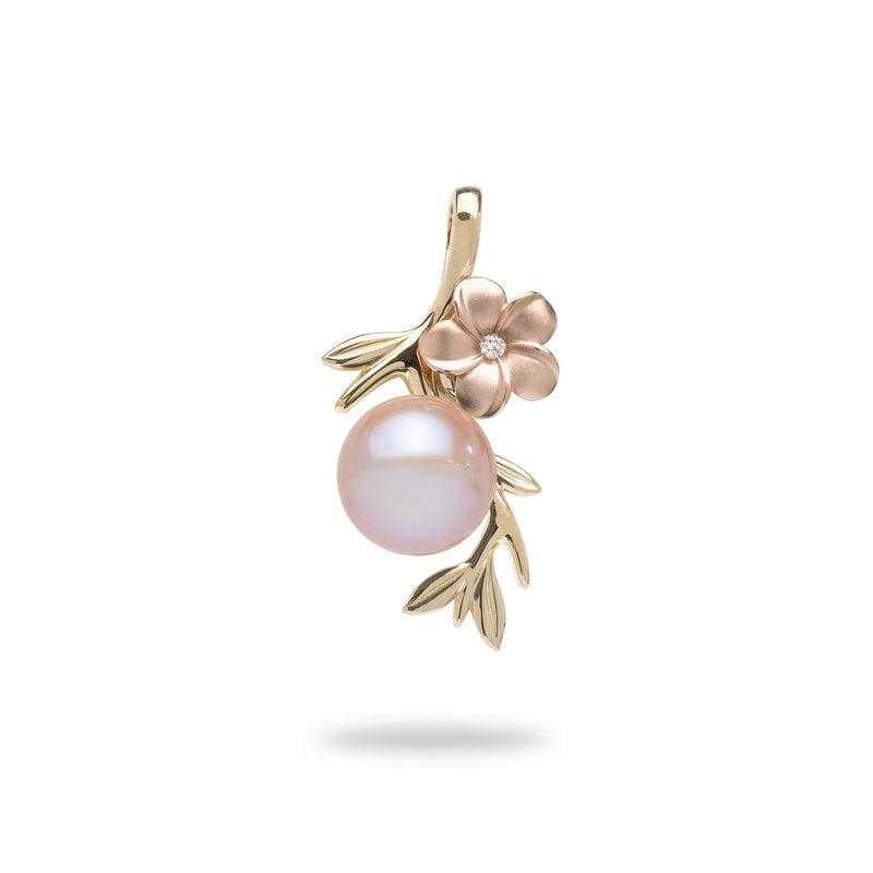 Pearls in Bloom Plumeria Lavender Freshwater Pearl Pendant in Two Tone Gold with Diamonds - 25mm