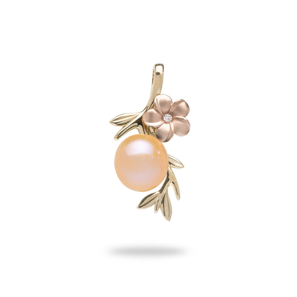 Pearls in Bloom Plumeria Peach Freshwater Pearl Pendant in Two Tone Gold with Diamonds - 8mm - Maui Divers Jewelry