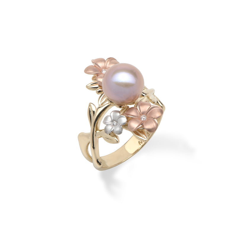 Pearls in Bloom Plumeria Lavender Freshwater Pearl Ring in Tri Color Gold with Diamonds - 22mm - Maui Divers Jewelry