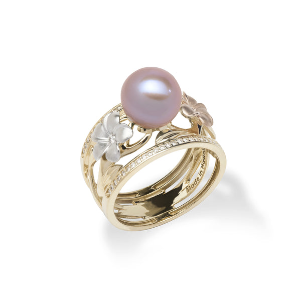 Pearls in Bloom Plumeria Lavender Freshwater Pearl Ring in Tri Color Gold with Diamonds - 12mm - Maui Divers Jewelry