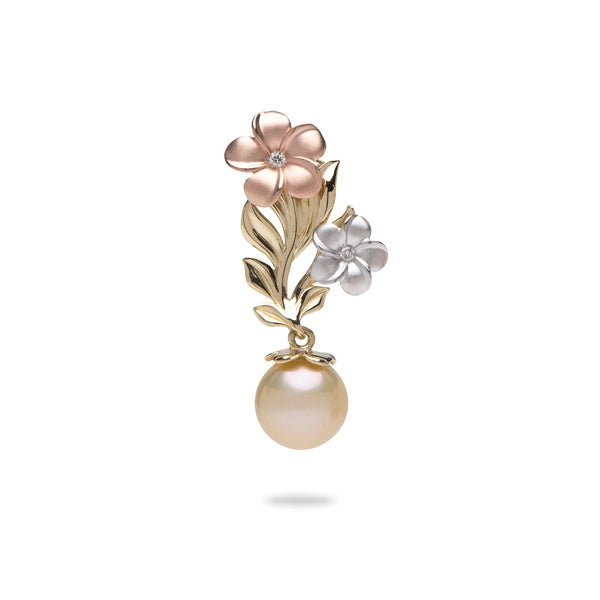 Bloom Plumeria桃の淡水パールペンダントダイヤモンドと三色の金