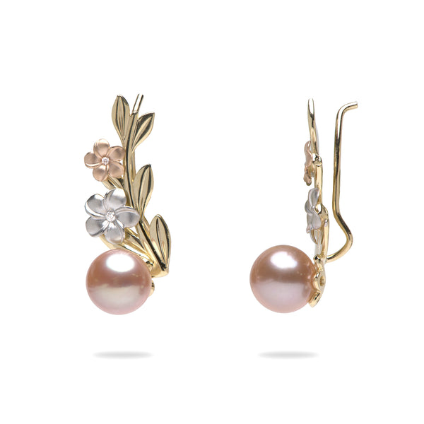 Pearls in Bloom Plumeria Lavender Freshwater Pearl Climber Earrings in Tri Color Gold with Diamonds