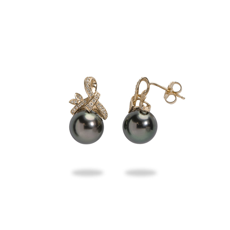 Tahitian Black Pearl Earrings in Gold with Diamonds - 9-10mm - Maui Divers Jewelry