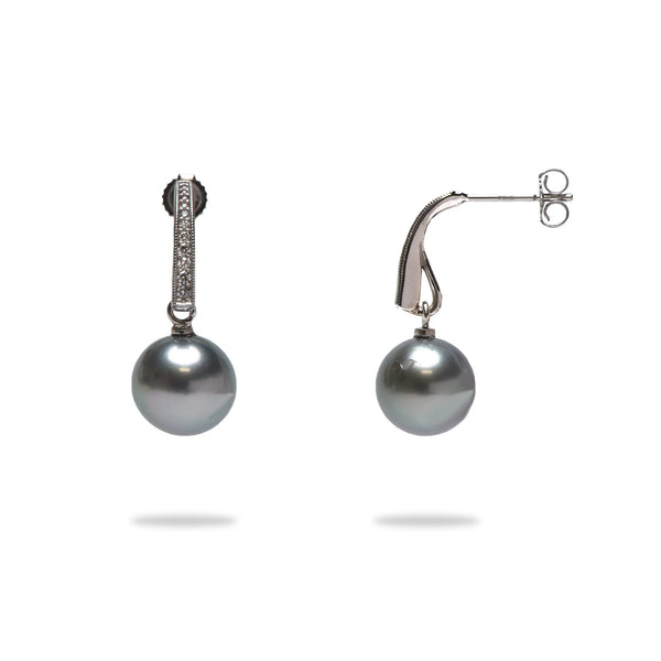 Tahitian Black Pearl Earrings in White Gold with Diamonds - 9-10mm