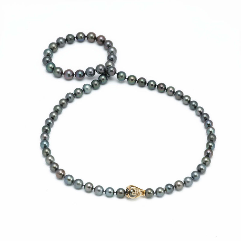 35" Adjustable Tahitian Black Pearl Strand with Gold Clasp - 11-14mm - Item: 006-15532