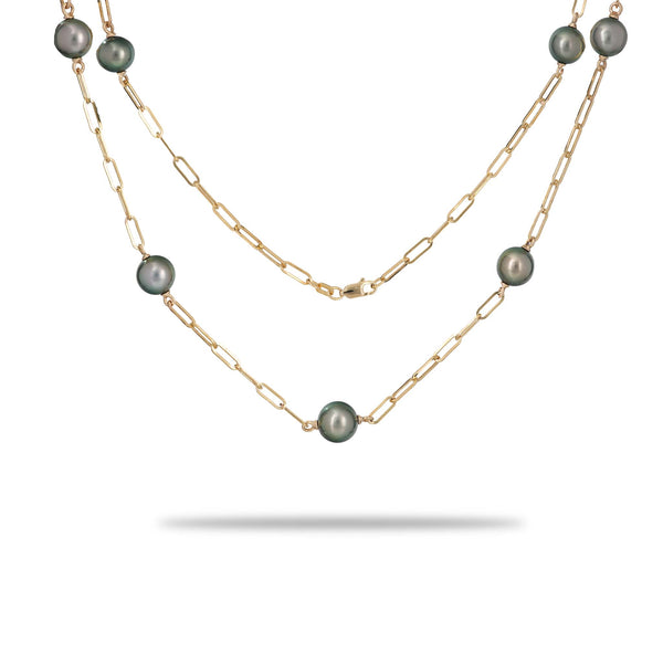 Adjustable Tahitian Black Pearl Paperclip Chain Necklace in Gold - 9-10mm - Maui Divers Jewelry
